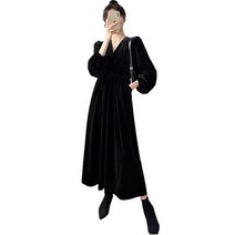 리온 여성용 브이넥 퍼프 벨벳 정장 하객룩 롱 임산부 원피스 HR362