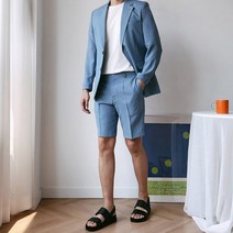 언탭트 남성용 썸머 린넨 투버튼 캐주얼 수트 자켓 + 반바지 세트