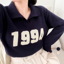 밀키버터 여성용 넘버링 배색 카라 니트