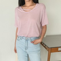 시크블랙 여성용 디오린 린넨 사선 끈 반팔 티셔츠 T9982K26