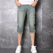 팬츠하우스 남성용 여름 라인스티치 슬림스판 워싱 7부 청반바지 807