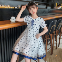 오렌지다몸 여아용 넥진주리본 도트방울 메쉬 원피스