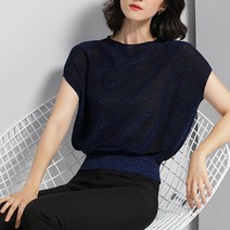 페이퍼먼츠 여성용 라운드넥 와이드 얇은 레이스 가오리핏 반팔 니트 13749