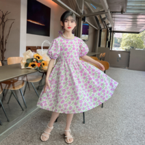 오렌지다몸 여아용 보라꽃 패턴 퍼프 원피스