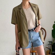 플랜데이 여성용 벨트 뒷트임 반팔 린넨 자켓