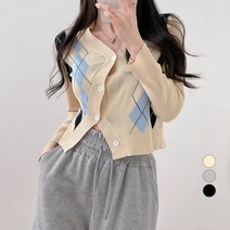밀키버터 여성용 언발 아가일 크롭 가디건