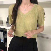 체리체리 여성용 데일리 하찌 부클 브이넥 반팔 니트
