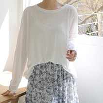 빼빼 여성용 루즈핏 라운드넥 린넨 긴팔 티셔츠