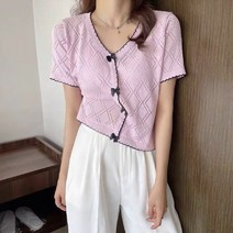 여성용 MA 라인 리본 펀칭 반팔 니트