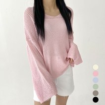 플랜데이 여성용 옆트임 언발기장 박시핏 브이넥 시원한 그물 니트