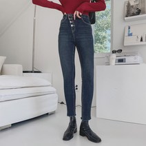 시크블랙 여성용 리네피 사선 버튼 스키니 데님 팬츠 PT8384K19