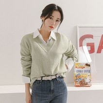 츄즈츄즈 여성용 간절기 여리여리 루즈핏 도톰 브이넥 니트 티셔츠