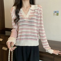 여성용 블랙101 리반 펀칭 스트라이프 배색 니트 CH-2319269