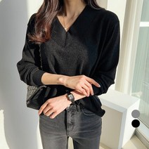 세컨그라운드 여성용 시보리 브이넥 니트 긴팔 티셔츠