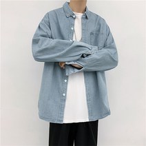 남성용 루즈한 봄 데님 캐주얼 청셔츠