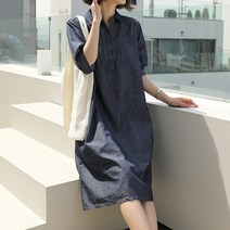 빼빼 여성용 옆트임 카라넥 핀턱 데님 반팔 원피스