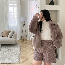 제이스타일 피아넬 울 체크 핀턱 빅사이즈 4부 팬츠
