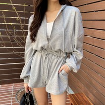 루즈핏 후드 밴딩 반바지 점프 수트 PT9562K23