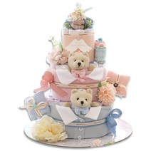 베이비베이커리 유아용 기저귀케익 트윈곰돌이 슈트케익 3단 신생아 세트, 핑크 + 블루