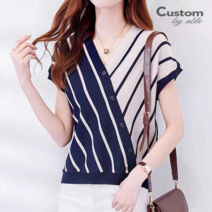 커스텀에이블 사선 배색줄지 캡소매 니트 C2205KN605B