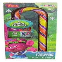Dreamworks Trolls Christmas Strawberry Candy Cane with Stickers Stocking Stuffer Gift Set 2.12 oz, 1