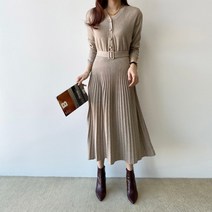 오르네트 여성 브이넥 플레어 벨트 니트 원피스