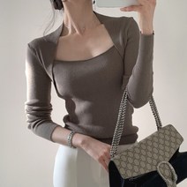 WPUY 프렌치 소중이 날씬해 보이는 스퀘어 칼라가 드러나는 쇄골 디자인핏 슬림 이너에 긴팔 니트 상의녀