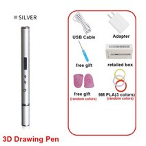 세계에서 가장 슬림 DIY 3D 프린팅 펜 RP900A 창의적인 장난감 선물 어린이를 위한 크리스마스 선물, 플라스틱 필라멘트, 미국 어댑터, 실버