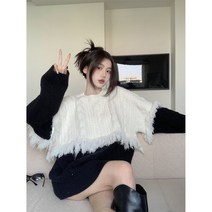 SJW 여성용 스웨터 라운드 꽈배기 수술 롱니트 배색 오버핏 겨울 S~4XL