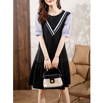 아나운서원피스 라운드넥 스트라이프 퍼프 소매 캐주얼 반팔 편한 키작녀 줄무늬 결혼식