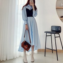 [파인스토리]랩 뷔스티에 레이어드 카라 셔츠 언발 A라인 롱 원피스