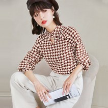 가을 사선 칼라 천조 체크 상의 긴팔 블라우스 체크 셔츠
