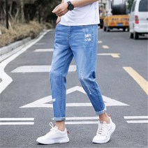청바지 데님 여름 9부 데님 팬츠 남자한장 슬림 9부 배기핏 남성 캐주얼 바지