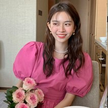 바스락원피스 아일렛원피스 여름하객룩 벌룬 퍼프 셔링 핑크 화이트 루즈핏 바캉스 펀칭