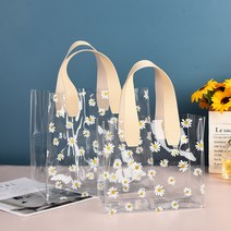 데이지 가죽 손잡이 투명 쇼핑백 포장지 구디백 답례품 PVC 선물 가방 도트백 비치백, 베이지-스몰(V41)