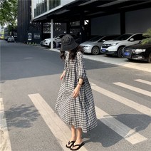 SAMARA 여성 여름 가을 캐주얼 스타일 롱 체크 원피스 데일리