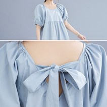 리틀깽스 다이뻐 빅사이즈 여름하객패션 코튼면 린넨 블루 리본포인트 박시한 루즈핏 원피스