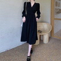 라라벨 여성용 원피스 마넬 브이넥 주름 포켓 스트링 리본 퍼프 로맨틱 원피스