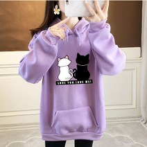 스타일아유 여성 기모 후드 LOVE 고양이 프린트 레터링 오버핏 긴팔티 티셔츠 루즈핏 맨투맨 후드티 노마진 AYB0TS0513
