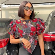 키코이 캉가 Flower Print Tops For Women Short Sleeve Blouses African Clothes Spring Summer Casual Africa, [01] S, [01] 빨간