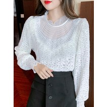 긴소매 상의 진주 레이스 여성 봄계절 프릴 퍼즐 보이핏 볼륨 시크 반팔셔츠 3603869477