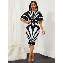 중년 50대원피스 아줌마 Lady 패턴 프린트 나비 소매 바디콘 드레스