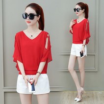 여름 여성 블라우스 어깨트임 반팔 브이넥 쉬폰 가오리핏 무지 백오프 밴딩 풀오버 빅사이즈 B21