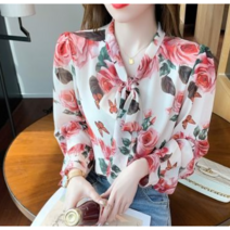 Mayfox 40대 미시 장미 꽃무늬 플라워 리본 타이 퍼프 긴팔 벌룬 가을 쉬폰 블라우스 77 까지