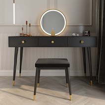 북유럽 미니멀 수납 화장대 원목 이케아 LED 거울 책상 의자 세트, 블랙 120CM 테이블+스마트 미러+메이크업 벤치