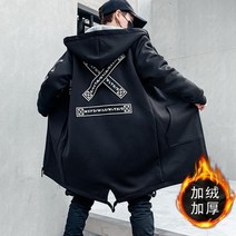 군대 얇은 후리스 명품바람막이양털 겨울 자켓 남성 프린트 일본 후드 롱 트렌치 코트 블랙 힙합 스트리트 두꺼운 자켓 남성 윈드 브레이커 코트