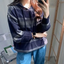 브링미[남녀공용]믹스루즈핏 배색단가라 후드 라운드니트(2color)