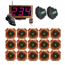 카페진동벨 무선호출벨 호출 진동 벨 호출 장치 무선 1 호스트 스크린 디지털 디스플레이 수신기 + 15 버튼 송신기 + 레스토랑 카페 사무실용 시계 2개, 나뭇결, 에게