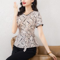 여름 반팔 라운드 실크 티셔츠 상의 여 프린트 스트링 새틴 실크 누에 스웨터