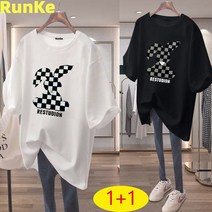 Runke 여성 빅사이즈 오버핏 반팔 롱박스 캐주얼 롱 여름 티셔츠 1+1